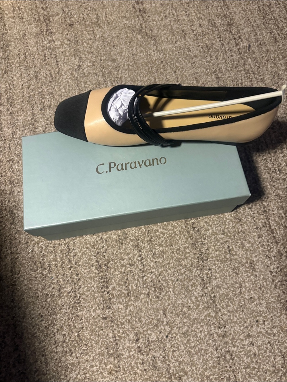 C. Paravano "Clara" Two-Tone Double-Strap Mary Jane Flats - Beige/Black -10.5